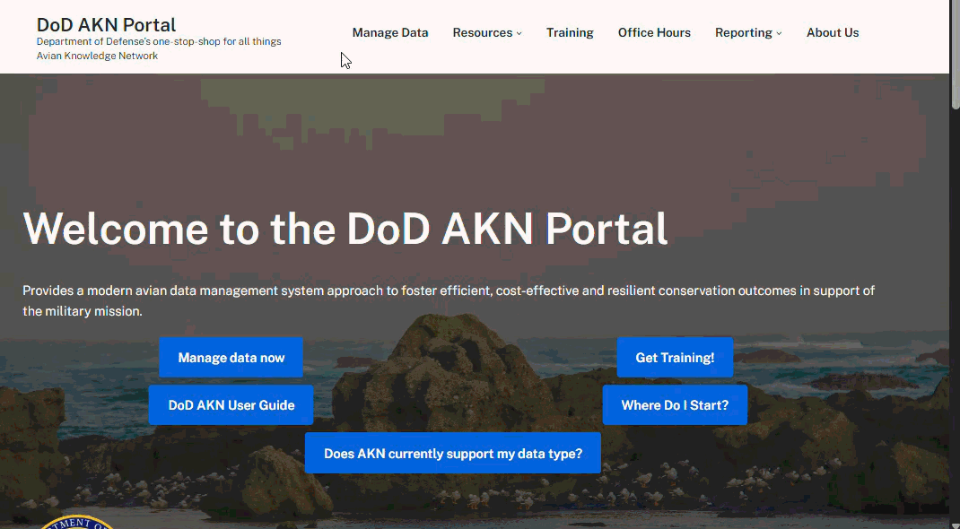 GIF of the DoD AKN Portal's 'Manage Data' page, where users can find links to AKN tools.
